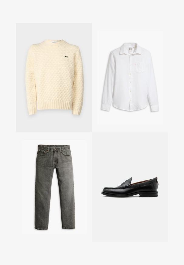 Pull en laine de couleur crème avec un motif en losanges texturé, des poignets et un ourlet côtes ; comprend un petit logo vert Lacoste sur la poitrine.; Chemise blanche à manches longues et à boutons en coton. Elle est dotée d'un col, d'une poche poitrine et de boutons jaunes ; texture lisse et coupe ajustée.; Jean en denim gris avec une coupe droite, style classique à cinq poches et des détails de couture subtils sur les coutures et les poches.; Mocassin homme en cuir noir avec couture moc toe, bride penny, col texturé et petit talon empilé sur fond blanc.