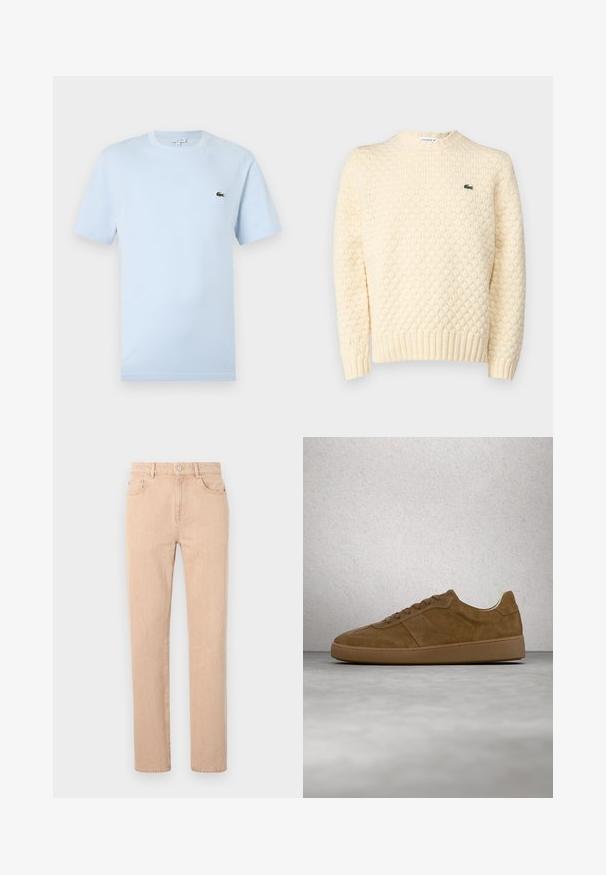 Crème-kleurige gebreide trui met een gestructureerd ruitpatroon, ribbels aan de mouwen en onderkant; bevat een klein groen Lacoste-logo op de borst.; Lichtblauw T-shirt met korte mouwen, gemaakt van zacht katoen. Heeft een klein groen geborduurd krokodillenlogo op de borst.; Beige straight-leg jeans gemaakt van een katoenmix, met een rits, riemlussen, en voor- en achterzakken. Soepele textuur.; Bruine suède sneaker met beige veters en rubberen zool. Heeft een afgeronde neus en gestikte details op het bovenwerk. Lichtgewicht ontwerp.