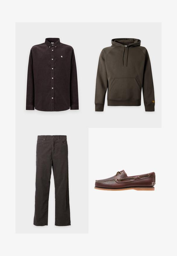 Plain dark brown hooded sweatshirt with front kangaroo pocket and drawstring hood, displayed against a light background.; Dark brown corduroy shirt with a button-down collar, long sleeves, white buttons, and a small logo on the left chest.; Dark brown straight-leg corduroy pants with button and zipper closure, belt loops, and front pockets on a plain background.; Brown leather boat shoe with white stitching, lace details, and tan rubber sole, shown from the side on a white background.