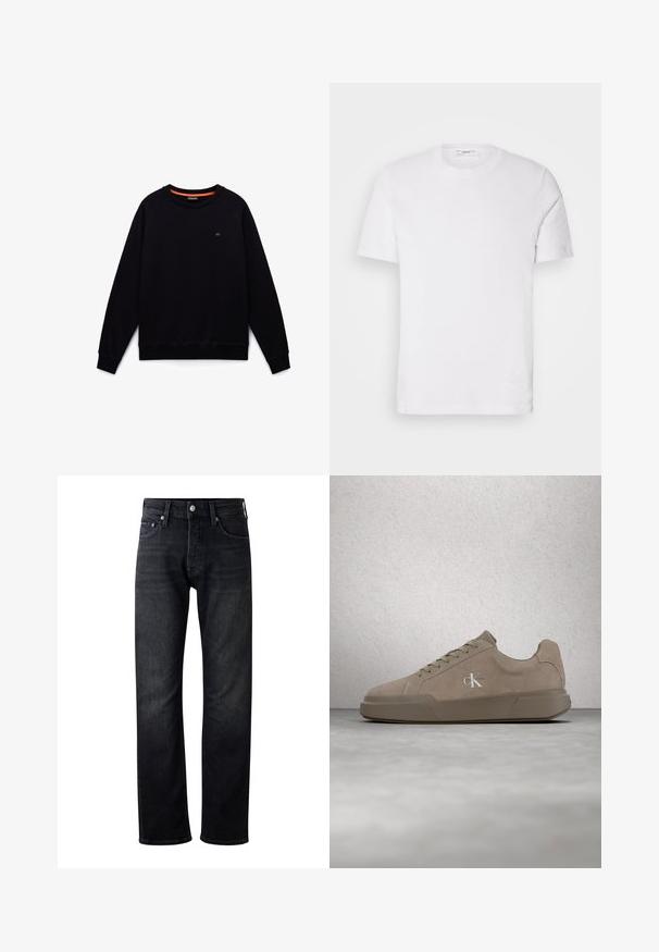 Zwarte sweater met lange mouwen en ronde hals, geribde boorden onderaan en aan de mouwen, klein logo op de linkerborst en oranje bies aan de binnenkant van de halslijn.; Witte katoenen t-shirt met een ronde hals en korte mouwen. Voorzien van een subtiele merklogo op de voorkant, een gladde textuur en een klassieke pasvorm.; Heren donkerdenim jeans met een recht gesneden ontwerp, voorzien van een klassieke vijfzakstijl en metalen knoopsluiting. Diverse wassingen zichtbaar.; Beige suède sneaker met veters en "ck"-logo, zwevend boven een gepolijste betonnen vloer met een achtergrond van glazen blokken.