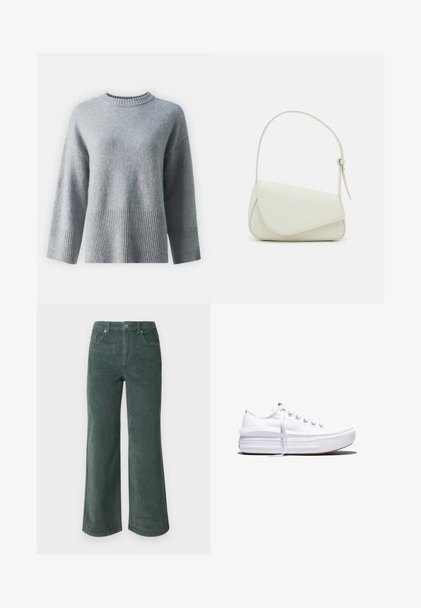 Grå sweater med rund hals, der har en tekstureret ribbede kant og manchetter, lavet af blødt stof med en glat overflade.; Vero Moda Petite VMTESSA PANTS - Bukser - balsam green; Hvid lavt snørestøvle med tyk plateau-sål, snørelukning foran og gummiforstærket tåkap, set i sideprofil.; Hvid taske i faux læder med en struktureret trekantet form, enkelt justerbart skulderstrop og en flaplås med kurver.