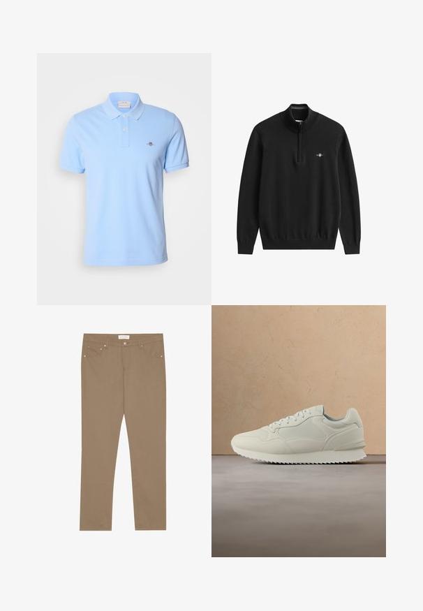 Sort quarter-zip pullover sweater lavet af blødt strikstof. Har ribbet krave, manchetter og kant, med et lille logo på brystet.; Lyseblå kortærmet polo skjorte lavet af bomuld, med en støvlekrave med to knapper og et lille broderet logo på venstre bryst.; Tan bomuldsstretchbukser med lige ben, fem-lomme stil og metalhardware-detaljer. Glat tekstur og klassiske syninger.; Kremfarvet sneaker med snøredesign, tyk sål og tekstureret ydersål, svævende over en beige tæppe- og sofabaggrund.