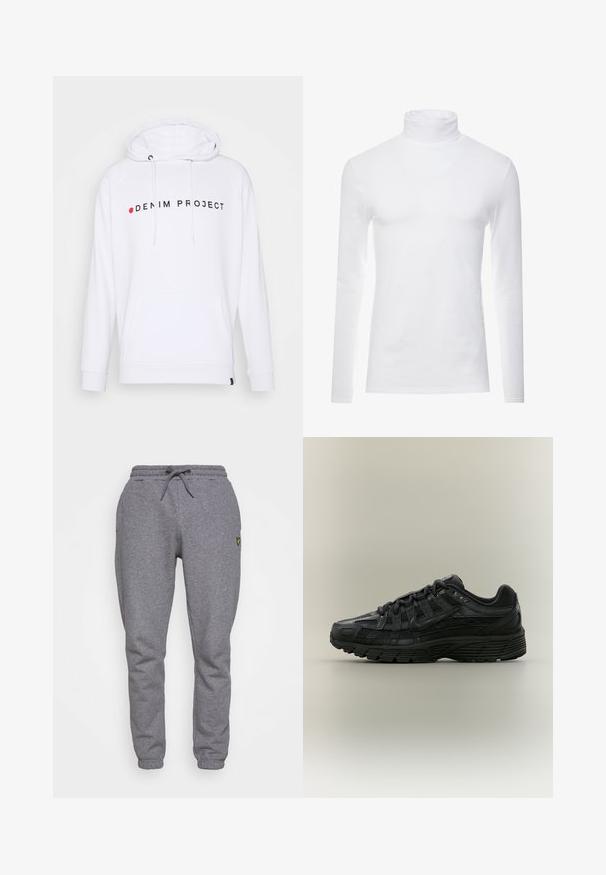 Hvid hoodie med en kængurulomme, prydet med et sort og rødt "DENIM PROJECT" logo på forsiden. Blødt stof og justerbare snore.; Hvid langærmet turtleneck skjorte lavet af blødt, strækbart materiale. Har en høj krave og et tætsiddende design, som giver en strømlinet silhuet.; Grå bomulds sweatpants med elastisk talje, snøre, sidelommer og et lille gult logo på låret. Tapered ben design.; Sort Nike løbesko med mesh og syntetisk overdel, snørelukning og tekstureret sål, vist fra venstre side på en ensfarvet baggrund.