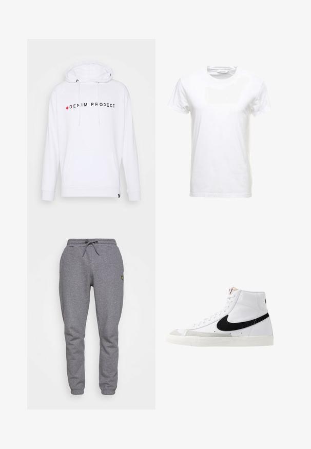 Sudadera blanca con un bolsillo tipo canguro, que presenta un logo en negro y rojo de "DENIM PROJECT" en la parte frontal. Tejido suave y cordones ajustables.; Camiseta de algodón blanca con mangas cortas, diseño de cuello redondo y textura suave. Etiqueta visible en el cuello. Estilo simple y clásico.; Pantalones de chándal grises de algodón con cintura elástica, cordones, bolsillos laterales y un pequeño logo amarillo en el muslo. Diseño de pierna estrecha.; Zapatillas altas blancas con un swoosh negro, una puntera texturizada en gris y suela plana blanca. Presenta seis ojales y acentos cosidos.