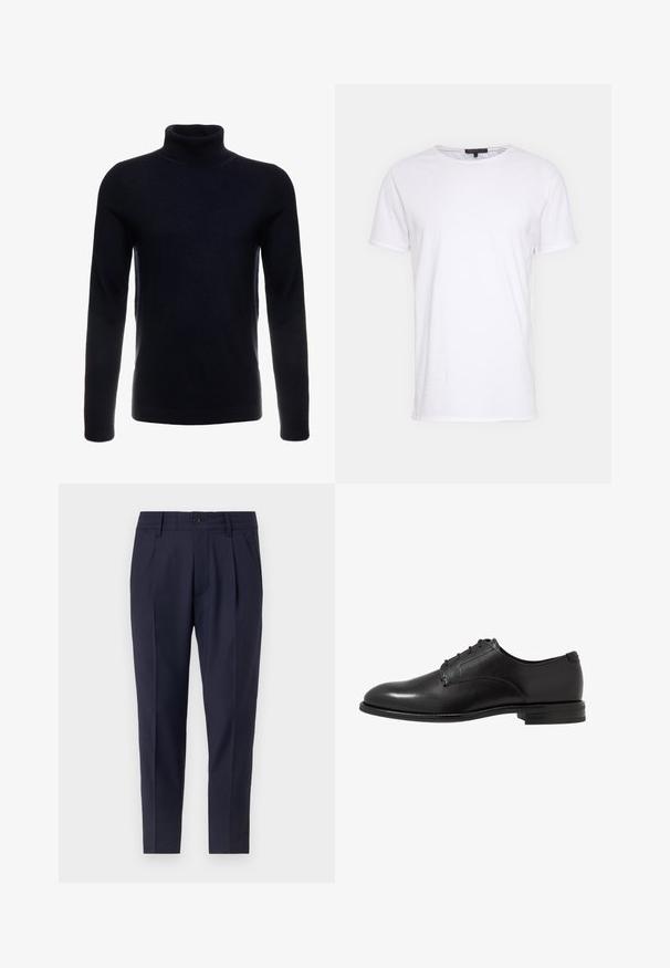 Pull à col roulé navy fabriqué en matériau tricoté doux. Il possède des manches longues et une silhouette ajustée, avec des détails en côtes au niveau du col et de l'ourlet.; T-shirt en coton blanc avec un col rond, des manches courtes et une coupe droite. Présente une texture simple et lisse, sans motifs supplémentaires.; Pantalons bleu marine ajustés, dotés de plis, d'une fermeture à bouton et de poches latérales. Fabriqués dans un tissu lisse avec un léger éclat.; Chaussure de ville en cuir noir avec une finition lisse, bout arrondi, six œillets et un talon bas empilé. Design simple et classique.