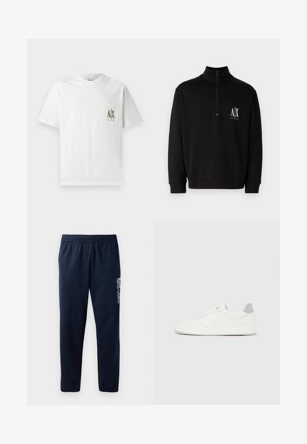 Sweatshirt zippé noir en mélange de coton. Il présente un col haut, des poignets côtelés et un petit logo blanc sur la poitrine gauche.; T-shirt en coton blanc avec des manches courtes, un col rond et une poche sur la poitrine gauche ornée d'un logo brodé "A|X" en marron.; Pantalons de survêtement bleu marine avec une taille élastique, des jambes fuselées et un logo blanc sur le côté. Tissu lisse avec une texture légère.; Baskets basses blanches avec un onglet de talon gris, des lacets blancs et une semelle texturée, présentées sur un fond uni clair.