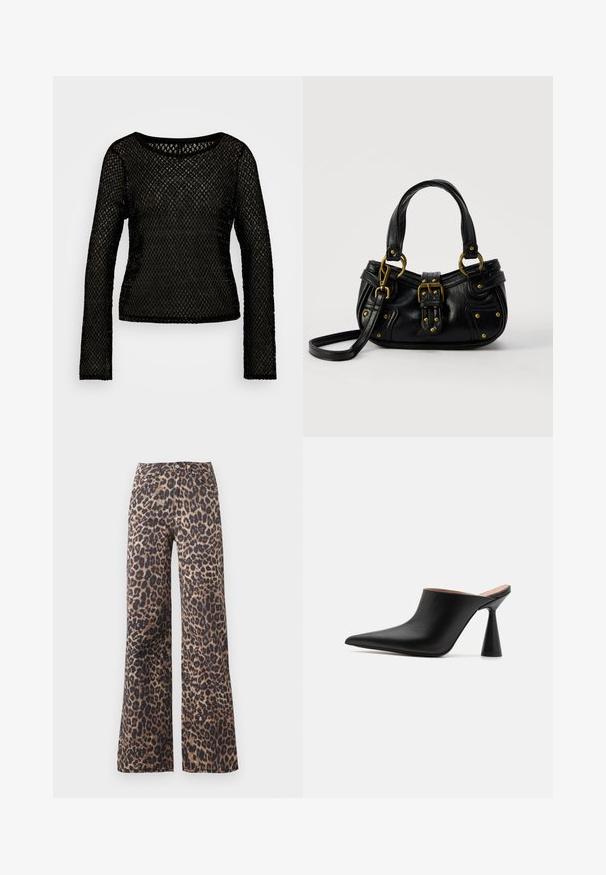 ONLY ONLPETRA - Jersey de punto - black; Pantalones de pierna ancha y cintura alta con estampado de leopardo marrón y negro, cierre frontal con botones y cremallera, y bolsillos delanteros.; Mules de cuero negro con punta afilada y un singular tacón en forma de cono. Textura suave y diseño minimalista, con parte trasera abierta para facilitar su uso.; Bolso de cuero negro con hebilla y detalles de remaches dorados, asas cortas y una correa de hombro ajustable sobre un fondo blanco liso.
