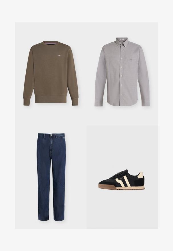 Sweat-shirt marron à manches longues avec col rond, poignets et ourlet côtelés, avec un petit logo brodé sur la poitrine gauche.; Chemise à manches longues boutonnée avec petit motif à carreaux noir et blanc et une poche poitrine sur fond clair.; Jean droit en denim bleu foncé avec passants de ceinture, bouton devant et fermeture éclair, présenté sur un fond uni clair.; Sneakers en suédine noire avec des accents beige, dotées d'une semelle en caoutchouc, de lacets plats et d'un design élégant à rayures sur les côtés.