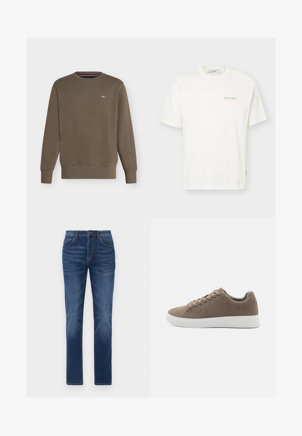 Sweat-shirt marron à manches longues avec col rond, poignets et ourlet côtelés, avec un petit logo brodé sur la poitrine gauche.; T-shirt blanc à manches courtes avec un petit texte « Oyster Party Marc O’Polo Denim » en bleu et jaune sur la partie supérieure gauche de la poitrine.; Jean en denim bleu foncé avec une coupe droite classique, un design à cinq poches et un léger effet décoloré sur les jambes. Dispose d'une fermeture à bouton et glissière.; Baskets en daim marron avec des semelles en caoutchouc blanc plat, design lacé, bout rond et texture lisse. Style minimaliste avec des détails de couture subtils.