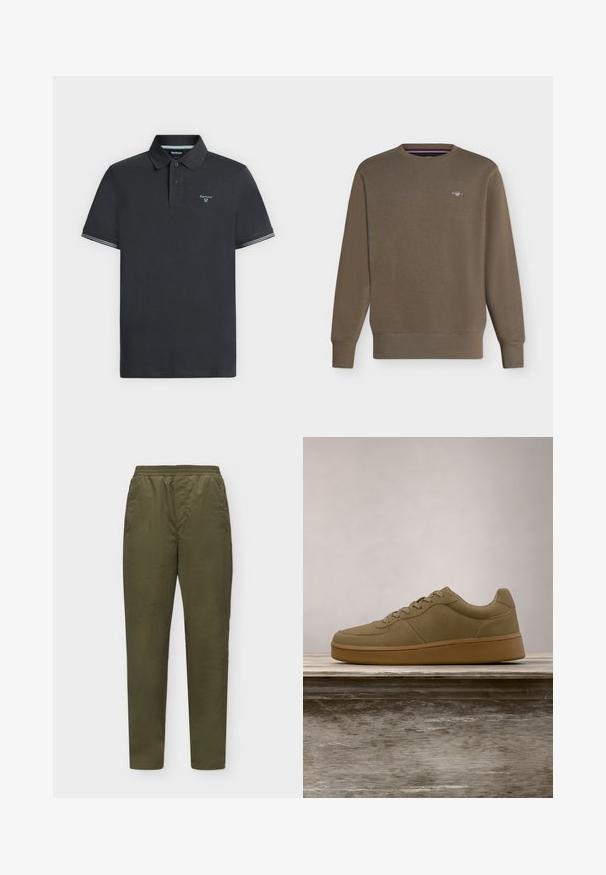 Sweat-shirt marron à manches longues avec col rond, poignets et ourlet côtelés, avec un petit logo brodé sur la poitrine gauche.; Polo noir à manches courtes avec col, deux boutons, fines rayures blanches sur les bords des manches et petit logo Barbour sur la poitrine gauche.; Pantalon droit vert olive avec taille élastique et poches latérales sur fond blanc uni.; Baskets vert olive à lacets flottant au-dessus d'un banc en bois, avec un feuillage vert flou en arrière-plan.