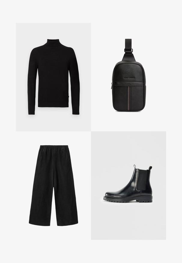 Sort langærmet turtleneck sweater med ribbet krave, manchetter og kant, vist på en hvid baggrund.; Sorte bukser med vide ben, elastisk taljebånd og sidelommer, lavet af blødt, let stof.; Sorte læder Chelsea støvler med elastiske sidepaneler, en løkke for nem påtagning, og en robust gummisål med struktureret greb.; Sort læder skuldertaske med tekstureret finish, der har en lodret stribe i rød, hvid og blå. Indeholder en øverste strop og lynlåslommer.