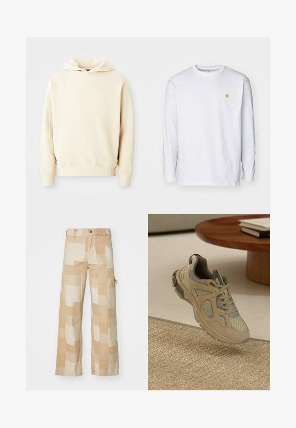 Beige pullover hoodie med lange ærmer og ribbede manchetter, vist fladt på en lys grå baggrund.; Hvid langærmet t-shirt lavet af bomuld. Har et lille gyldent logo på brystet og en rund halsudskæring. Enkel design og standard pasform.; Beige cargo bukser med et geometrisk patchwork design i forskellige nuancer af creme. Lavet af slidstærkt stof med sidelommer.; Beige og grå atletiske sneakers med mesh- og ruskindsdetaljer, svævende over et vævet tæppe ved siden af et trækaffebord med bøger.