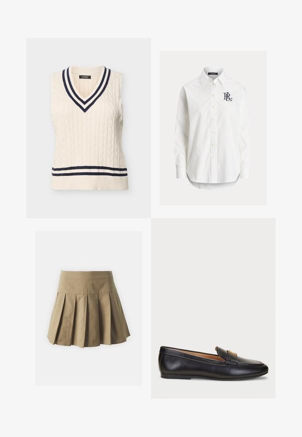 Chaleco de suéter sin mangas de punto con cable en color crema, con detalles a rayas en azul marino y crema en el cuello en V y el dobladillo.; Camisa blanca de manga larga con botones, cuello puntiagudo y logo bordado en negro en el pecho izquierdo.; Falda de tono caqui con pliegues y cinturilla ajustada, hecha de una tela de algodón, con una textura uniforme y un diseño corto y acampanado.; Lauren Ralph Lauren AVERI III BURNISHED LEATHER LOAFER - Zapatos sin cordones - black