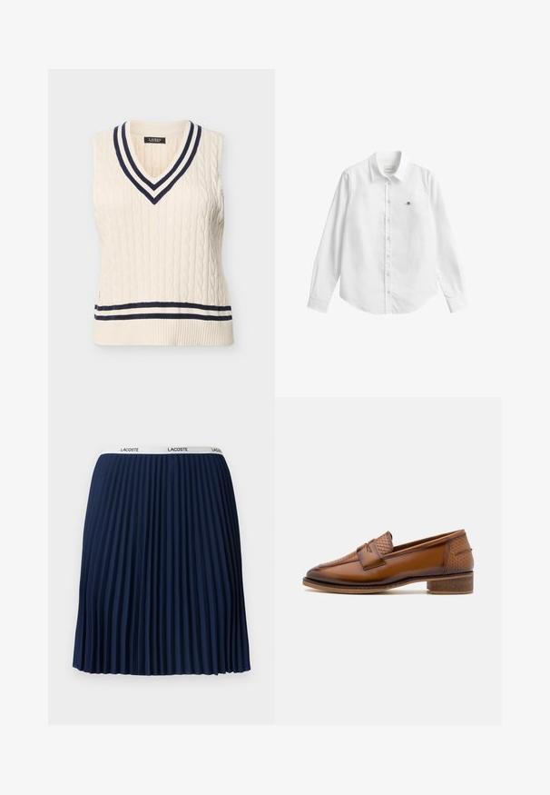 Crèmekleurig kabelgebreid mouwloos sweatervest met marineblauwe en crèmekleurige gestreepte V-hals en zoomdetails.; Wit overhemd met lange mouwen en knoopsluiting, gemaakt van stof met een lichte textuur. Voorzien van een borstzak met een klein geborduurd logo en een klassieke kraag.; Marineblauwe geplooide rok met een gestructureerd ontwerp, elastische tailleband met "LACOSTE" merknaam en een gladde stof.; Bruine leren loafers met een gewoven voorpaneel, ronde neus en lage, gestapelde hak. Glad oppervlak met subtiele stiksels.