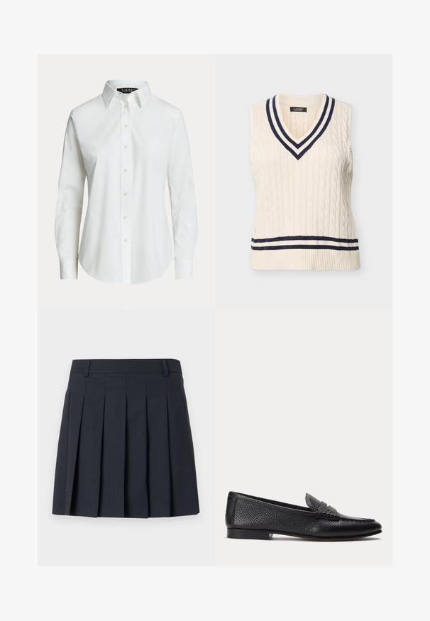Chaleco de suéter sin mangas de punto con cable en color crema, con detalles a rayas en azul marino y crema en el cuello en V y el dobladillo.; Camisa blanca de manga larga con botones, con cuello clásico y botones delanteros visibles, mostrada sobre un fondo liso.; Falda plisada azul oscuro con una pretina plana, hecha de tela lisa. Presenta múltiples pliegues verticales y un diseño ajustado.; Mocasín negro de cuero texturizado con tacón bajo y detalle clásico de correa para moneda, mostrado de perfil sobre un fondo claro y liso.