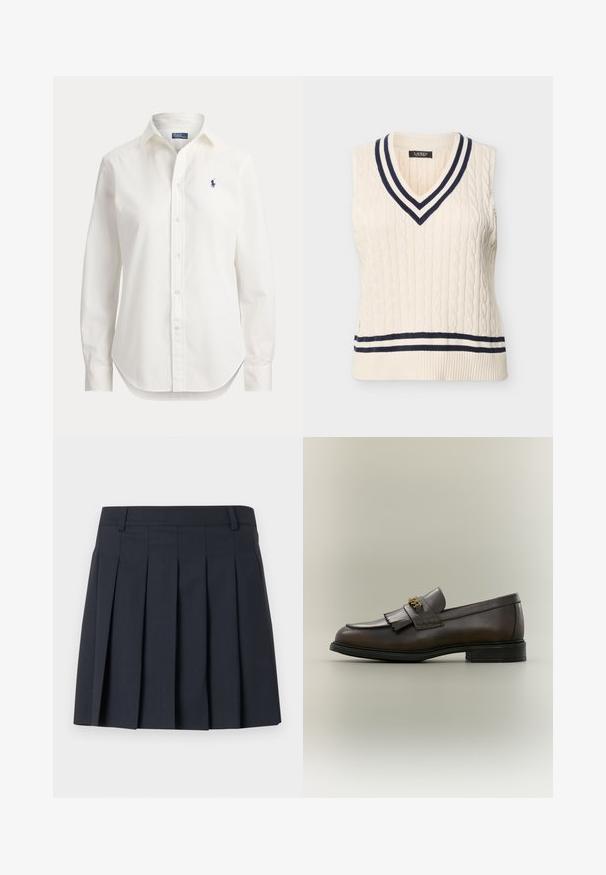 Pull sans manches en tricot torsadé couleur crème avec un col en V et des bordures rayées marine et crème.; Chemise blanche à manches longues avec boutons, col et petit logo bleu d’un joueur de polo sur la poitrine gauche.; Jupe plissée bleu foncé avec une ceinture plate, fabriquée en tissu lisse. Elle présente plusieurs plis verticaux et une coupe ajustée.; Mocassin en cuir marron foncé avec détail à franges et boucle dorée sur semelle noire, vu de côté sur un fond neutre.