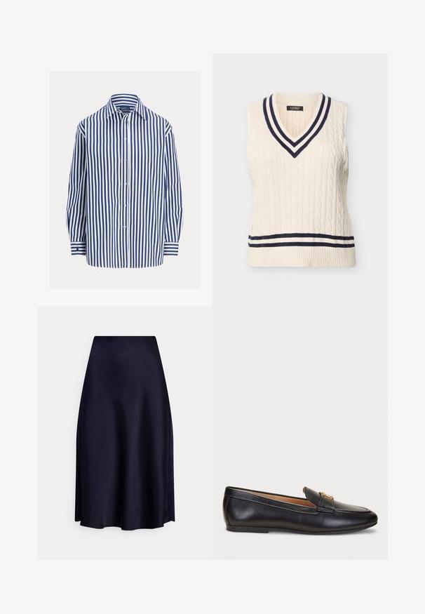 Pull sans manches en tricot torsadé couleur crème avec un col en V et des bordures rayées marine et crème.; Chemise à manches longues rayée bleu et blanc, fermeture boutonnée sur le devant, poche unique, tissu doux, coupe décontractée, poignets rayés.; Jupe midi en satin bleu marine avec une texture lisse, une coupe évasée et une taille ajustée, présentant un style élégant et minimaliste.; Lauren Ralph Lauren AVERI III BURNISHED LEATHER LOAFER - Chaussons - black