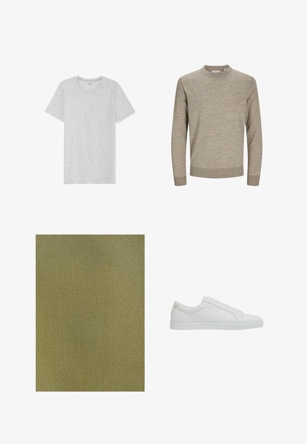 Beiger Pullover mit Rundhalsausschnitt und langen Ärmeln, mit gerippten Bündchen und Saum, auf weißem Hintergrund präsentiert.; Graues kurzärmliges T-Shirt aus einem weichen, leichten Stoff. Gerader Saum, klassisches Rundhalsausschnitt-Design und dezente Melange-Textur.; Strukturiert, dicht gewebter Stoff in Olivgrün. Die Oberfläche zeigt ein dezentes, einheitliches Muster mit einer sanften Haptik, geeignet für verschiedene Anwendungen.; Reiss REGULAR FIT - LUCA TUMBLED - Sneaker low - white