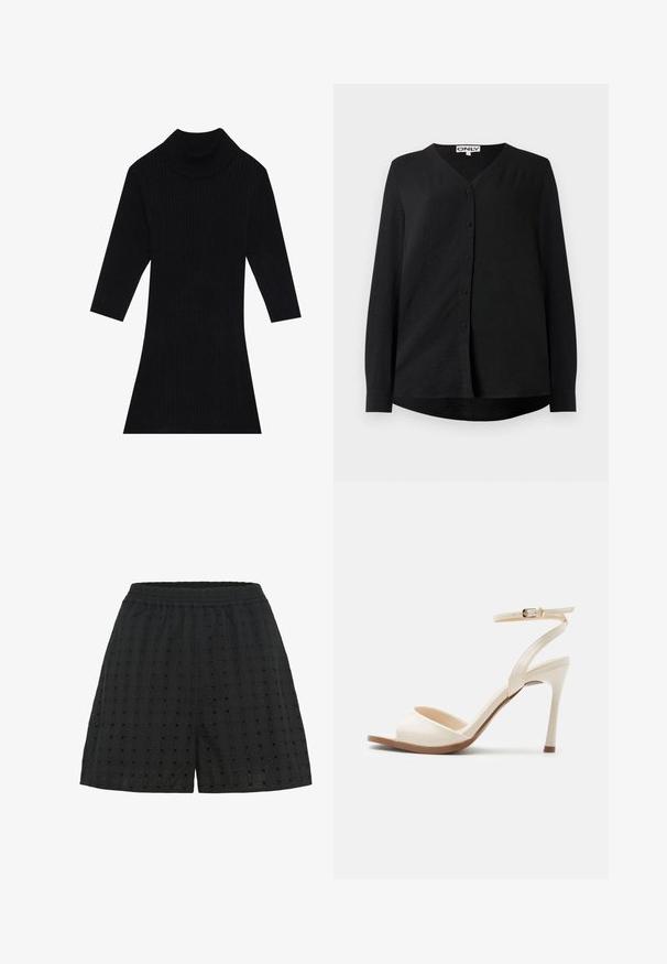 Vestido negro de punto acanalado con cuello alto y mangas tres cuartos, que presenta una silueta ajustada que se ensancha en el dobladillo.; Camisa negra de manga larga con botones y cuello en V, confeccionada en un tejido texturizado, con dobladillo redondeado y pequeños botones a juego en la parte frontal.; Shorts negros con una tela texturizada que presenta un patrón de cuadrícula y pequeños cortes. Cintura elástica para mayor comodidad y flexibilidad.; Sandalia beige de tacón alto con tira delgada en el tobillo y hebilla dorada, punta abierta y tacón de aguja delgado sobre un fondo blanco.