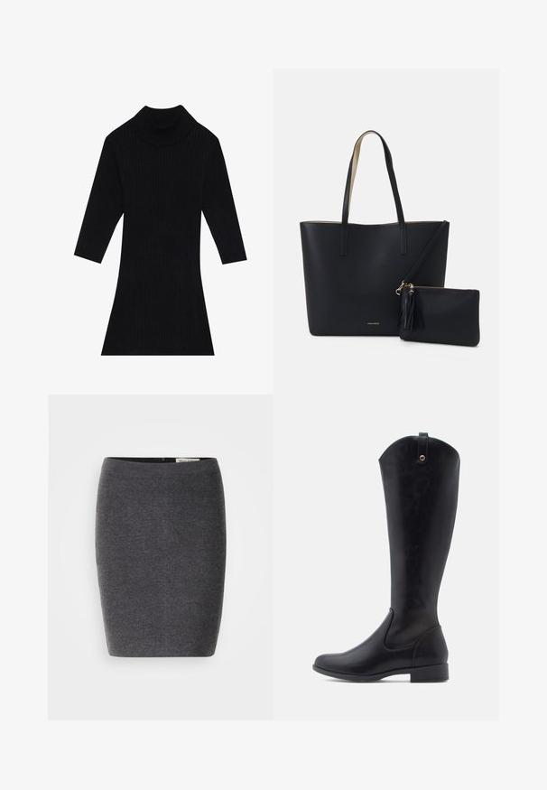 Sort ribbet strikkjole med høj krave og trekvartærmer, der har en tætsiddende silhuet, som flares ud ved kanten.; Grå uld blyantskirt med en glat tekstur og tætsiddende design, med en diskret talje og uden synlige udsmykninger.; Knæhøje sorte læderstøvler med en glat tekstur, rund tå, lav blokhæl og en buet topkant med en løkke-detalje bagpå.; Sort tote taske med struktureret materiale, to lange håndtag og en aftagelig lynlåspose med en frynse-detalje. Guld mærkelogo synligt.