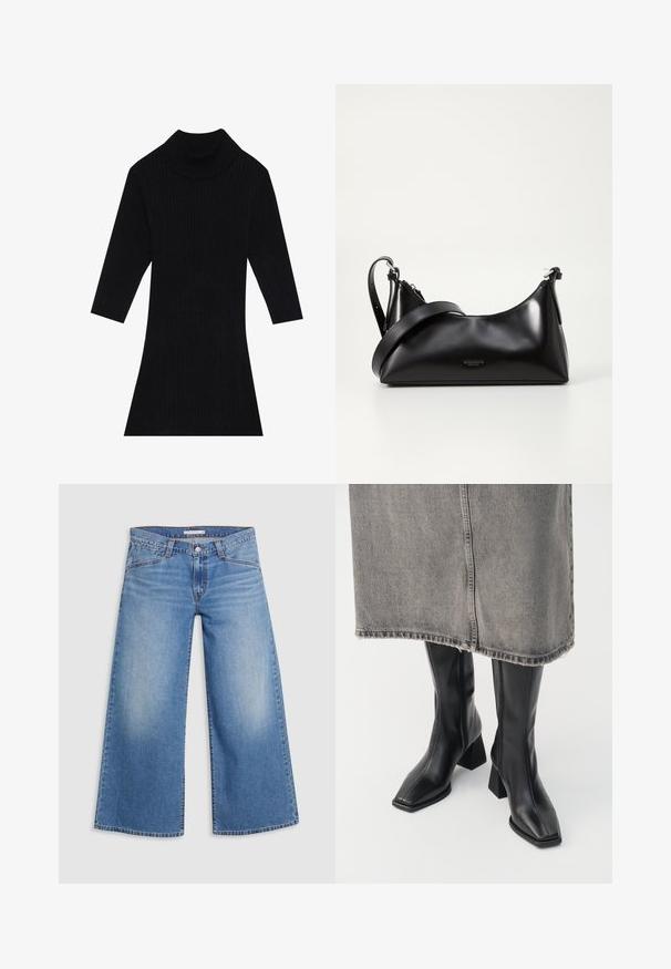 Sort ribbet strikkjole med høj krave og trekvartærmer, der har en tætsiddende silhuet, som flares ud ved kanten.; Lysblå vidde jeans lavet af denim, med høj talje, klassisk fem-lomme design og subtile falmning langs benene.; Sorte knæhøje støvler i glat læder med firkantet tå og blokeret hæl. Båret med en grå denimnederdel med flosset kant.; Sort læderhåndtaske med en glat tekstur. Har en justerbar stropp og et enkelt, minimalistisk design med lynlås.