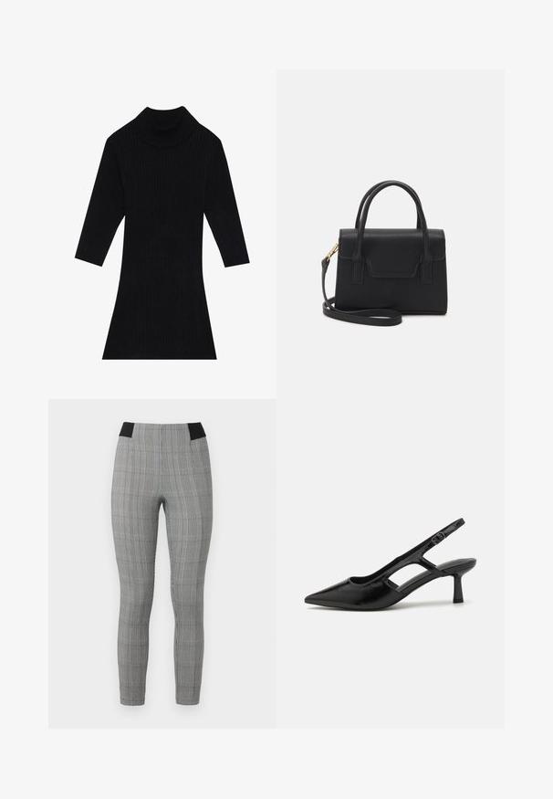 Schwarzes geripptes Strickkleid mit hohem Kragen und dreiviertel Ärmeln, das eine taillierte Silhouette besitzt und am Saum ausgestellt ist.; Graue karierte Leggings mit einer enganliegenden Passform, ausgestattet mit einem schwarzen elastischen Bund und seitlichen Taschen. Strukturierter Stoff mit einem Karomuster.; Schwarze Slingback-Absätze mit spitzer Zehenpartie, aus glänzendem Material gefertigt, mit ausgeschnittenen Akzenten und einem moderaten Absatz für Unterstützung.; Schwarze strukturierte Handtasche aus Leder mit einem oberen Tragegriff, abnehmbarem Schulterriemen und einer Klappe auf der Vorderseite. Akzente in Goldmetall.