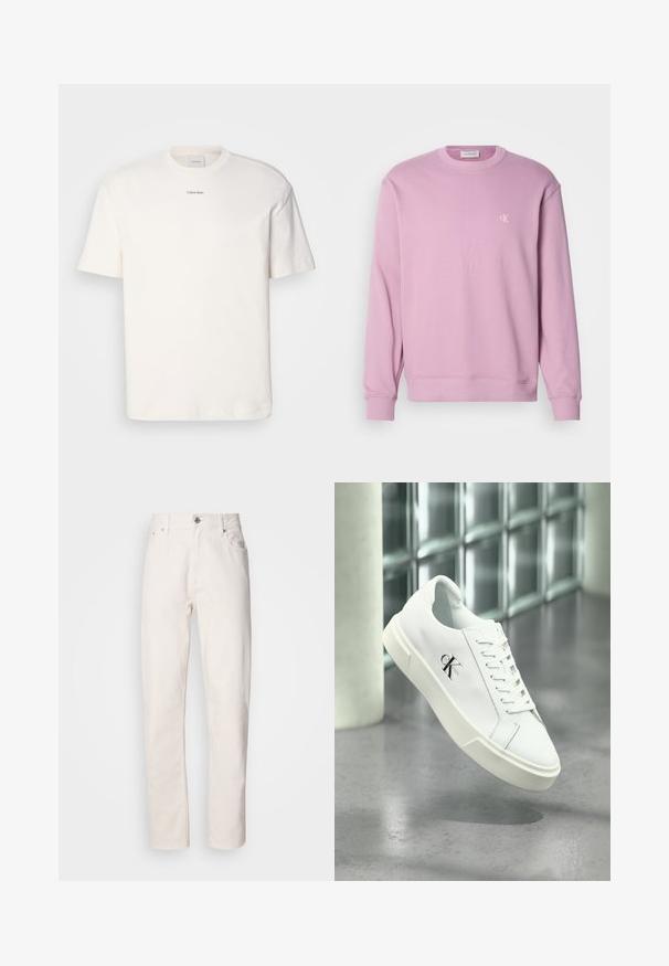 Lyserød crewneck sweatshirt med ribbede manchetter og kant, der har et lille hvidt logo på brystet. Lavet af blødt bomuldsstof.; Hvid bomulds T-shirt med rund hals, korte ærmer og broderet "Calvin Klein" logo i midten af brystet. Enkel design.; Hvide denim jeans med lige ben, med knap- og lynlåslukning, bæltestropper samt for- og baglommer, præsenteret på en ensfarvet baggrund.; Hvid Calvin Klein sneaker med snørebånd, vist svævende over en poleret betongulv og en baggrund af glasblokke.