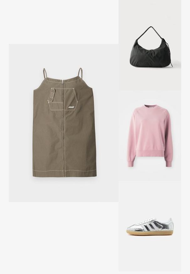 Lys rosa crewneck sweatshirt med raglanærmer, ribbede manchetter og kant, lavet af et blødt stof. Har et lille logomærke på siden.; Oliven grøn, ærmeløs kjole lavet af bomuld med lynlås lukning. Har en enkelt brystlomme, kontraststing og justerbare stropper.; Lav top sneaker med sølvmetalisk slangeskind tekstur, hvide striber, hvide snørebånd og lys gummisål på hvid baggrund.; Sort blødt stof skuldertaske med enkelt strop og let rynket tekstur mod en ensfarvet lys baggrund.