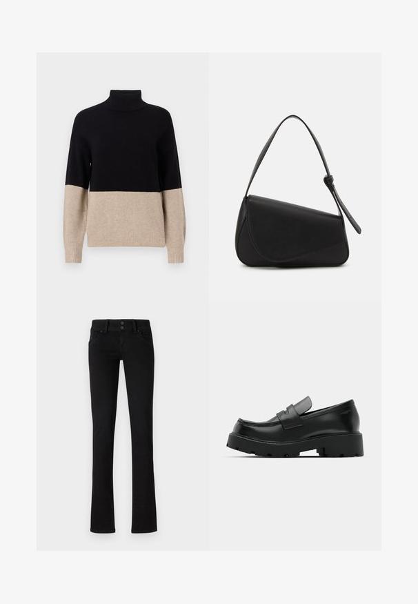 Sort og beige strikket turtleneck sweater med ribbet tekstur, farveblokering og lange ærmer. Lige kant.; Sort slim-fit jeans med to frontlommer, bæltestropper og dobbelt knaplukning, præsenteret på en ensfarvet hvid baggrund.; Sorte læder loafers med en chunky tekstureret sål, der har en rem over vamps og en glat, poleret finish.; Sort læderhåndtaske med en triangular form, skrå klap og et rundt håndtag. Har en glat overflade og minimalistiske design detaljer.
