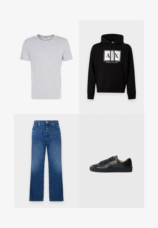 Sudadera con capucha negra con logotipo blanco en el frente que presenta "A | X" y el texto "Armani Exchange", capucha con cordón, mangas largas y puños y bajo acanalados.; Camiseta de algodón gris con cuello redondo, mangas cortas y un diseño liso, que presenta una textura suave y lisa, sin patrones ni adornos visibles.; Vaqueros de mezclilla azul de tiro alto con un corte de pierna recta y diseño clásico de cinco bolsillos sobre un fondo blanco liso.; Zapatilla negra de cuero con una textura suave, puntera redonda y cierre de cordones. Presenta una suela de goma gruesa y un detalle de marca mínimo.