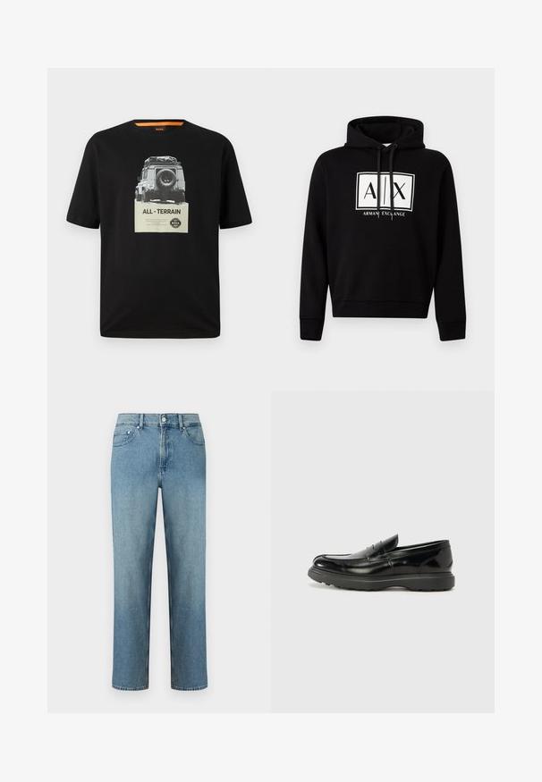Sudadera con capucha negra con logotipo blanco en el frente que presenta "A | X" y el texto "Armani Exchange", capucha con cordón, mangas largas y puños y bajo acanalados.; Camiseta de algodón negra con cuello redondo, que presenta una impresión gráfica de un vehículo clásico y el texto "TODOTERRENO" en el pecho.; Vaqueros de mezclilla azul claro con corte recto, diseño de cinco bolsillos y cierre de botón en la cintura. Detalles cosidos a lo largo de las costuras.; Mocasín de cuero negro con un acabado brillante, punta redondeada, detalles de costura sutiles y una suela de goma gruesa para mayor durabilidad.