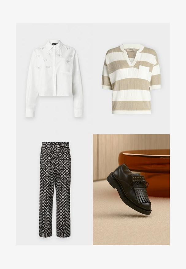 Haut côtelé à manches courtes avec larges rayures horizontales beige et blanches, col en V, et une poche poitrine blanche sur le côté gauche.; Chemise blanche à manches longues, courte, avec col, poche avant, fermeture à boutons et petits ornements argentés en forme de nœud papillon dispersés sur le devant.; Pantalons noirs avec un motif en losanges blancs, dotés d'une taille élastique, d'une fermeture à cordon et d'un design à jambe large. Tissu léger.; Chaussure en cuir noire à lacets avec franges décoratives et clous métalliques posée sur un tapis beige près d'un meuble marron.