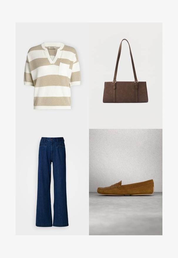 Haut côtelé à manches courtes avec larges rayures horizontales beige et blanches, col en V, et une poche poitrine blanche sur le côté gauche.; Jean large en denim bleu foncé. Comprend une fermeture avant à bouton et zip, deux poches avant, et deux poches arrière. Texture lisse sans motifs.; Mocassins en cuir suédé marron avec un couturessé, semelle plate et bout rond. Design simple avec une petite bande décorative sur le devant.; Sac à bandoulière rectangulaire marron avec longues sangles et détails de couture minimalistes sur un fond uni.