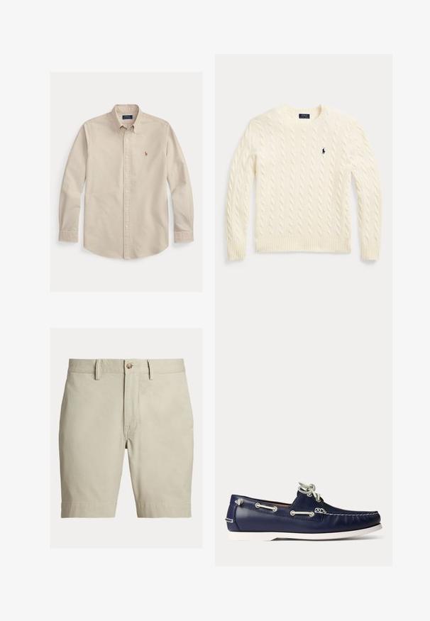 Jersey de punto trenzado color crema con mangas largas y logo de Polo Ralph Lauren bordado en el pecho izquierdo.; Camisa beige de manga larga con botones y cuello, con el logo bordado de Polo Ralph Lauren en el pecho y puños con botones.; Pantalones cortos beige hasta la rodilla con trabillas para cinturón, cierre de botón y cremallera, mostrados sobre fondo blanco.; Zapato náutico de cuero azul marino con cordones y costuras blancas, con suela de goma blanca y ojales metálicos sobre un fondo claro.