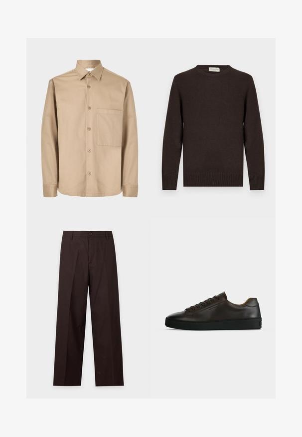 Pull en tricot marron avec un col rond, des poignets côtelés et un ourlet côtelé. Texture lisse sans motifs ni accents. Design simple et forme classique.; Chemise beige à manches longues avec boutons, col pointu et une seule poche plaquée sur le côté gauche de la poitrine.; Pantalon droit marron foncé avec passants de ceinture, fermeture par bouton et pli sur le devant, présenté sur fond blanc.; Baskets basses en cuir marron foncé avec semelle en caoutchouc noire, lacets à l'avant et design minimaliste épuré sur fond clair.