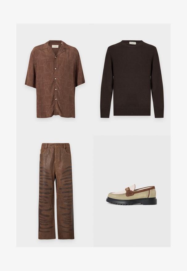 Pull en tricot marron avec un col rond, des poignets côtelés et un ourlet côtelé. Texture lisse sans motifs ni accents. Design simple et forme classique.; Chemise marron à manches courtes boutonnée avec col pointu et motif géométrique abstrait cousu sur toute la surface.; Pantalons en simili cuir marron avec une finition texturée, dotés de découpes horizontales allongées le long des côtés et d'un design à jambes droites.; Loafer avec des panneaux en suède beige, rose clair et marron, accent en boucle en métal doré et semelle épaisse en caoutchouc noir avec un motif de crans.