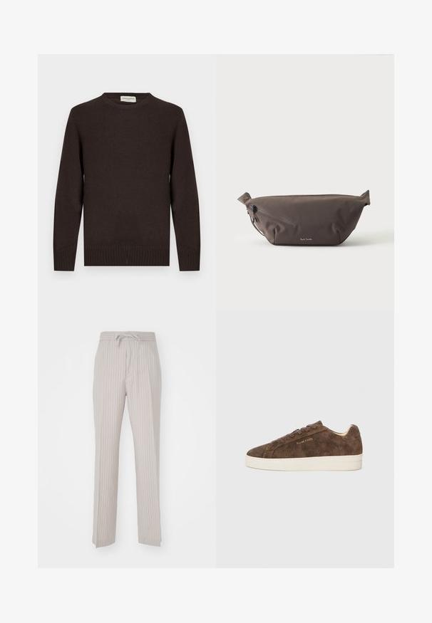 Suéter marrón de punto con cuello redondo, puños y bajo acanalados. Textura lisa sin patrones ni detalles. Diseño sencillo y forma clásica.; Pantalones beige claros con rayas finas verticales, que cuentan con una cintura elástica y cierre de cordón. Tejido suave, diseño de pierna recta.; Zapatillas de ante marrón con un perfil bajo, punta redondeada y suela de goma blanca. Presenta cordones oscuros y un sutil logotipo en el lateral.; Riñonera de tela marrón oscuro con bolsillo diagonal con cremallera y pequeño logo blanco en el frontal, sobre un fondo liso y claro.