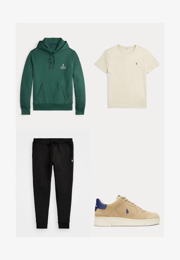Roheline puuvillane kapuutsiga sviiter, millel on ees kangaroo tasku, kummipaelaga kapuuts ja valge "Polo Ralph Lauren" logo rinnal. Pehme tekstuur.; Beež lühikeste varrukatega ümara kaelusega T-särk, millel on vasakul rinnal väike pruuni värvi Polo Ralph Laureni logo.; Mustad mustad tõmmud püksid pehmest kangast, millel on nöörvöö, sobivad varrukad ja väike valge logo vasakul jalal.; Beežid seemisnahast vabaajajalatsid tumesinise kandetabiga ja logoga, valge tallaga, paeltega ning külje peal polo mängija tikandiga.
