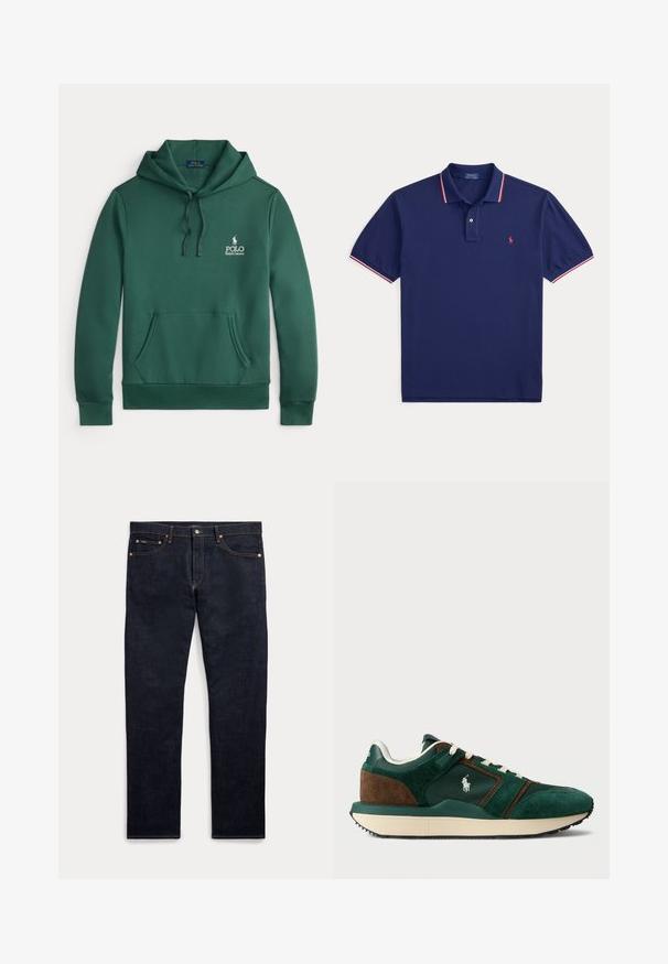Zelená bavlnená mikina s predným kengurským vreckom, kapucňou so šnúrkami a bielym logom "Polo Ralph Lauren" na hrudi. Mäkka textúra.; Tmavomodré polokošeľa s krátkymi rukávmi, golier s gombíkmi, červené a biele lemovanie na golieri a rukávoch a malé červené logo na hrudi.; Tmavomodré džínsy z denimu s piatimi vreckami, zapínaním na gombík a zips a viditeľným zlatým šitím, zobrazené na svetlom pozadí.; Pánske tenisky v tmavozelenej a hnedej semišovej farbe, s sieťovinovými panelmi, bielymi šnúrkami a gumovou podrážkou. Na boku sa nachádza logo.