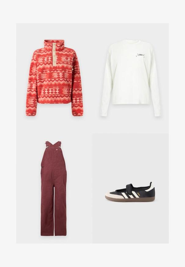 Rød fleece-trøje med høj krave, med et geometrisk mønster i nuancer af rød og creme, fremhævet af en beige knapplade og lomme.; Langærmet, hvid bomulds t-shirt med grafisk tekst "OBEY" og små stjerneaccents på venstre forreste brystområde.; Vinsmænds overalls lavet af bomuld, med krydsede rygstropper, forlommer og metalhardware-accenter. Glat tekstur og afslappet pasform.; Sort og beige sko med velcrolukning, tre hvide striber på siden og en tekstureret brun gummisål. Mærkelogo er synligt.