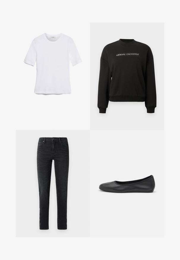 Sudadera negra con escote redondo, mangas largas y puños de canalé. Presenta el logo "ARMANI EXCHANGE" impreso en la parte frontal. Textura suave.; Camiseta de manga corta blanca hecha de tela de canalé. Cuello redondo, corte regular y detalles de costura sutiles. Sin patrones ni gráficos.; Jeans negros ajustados con botón frontal, trabillas para cinturón y un sutil desgaste a lo largo de los lados y los muslos delanteros.; Bailarina de piel negra con punta redondeada, textura suave, detalle de costura minimalista y diseño de suela flexible.