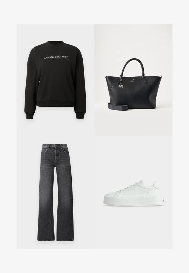 Zwarte sweatshirt met een ronde halslijn, lange mouwen en geribbelde manchetten. Voorzien van het "ARMANI EXCHANGE"-logo op de voorkant. Zachte textuur.; Zwarte spijkerbroek van denim met een hoge taille en een wijd uitlopende pasvorm. Bevat vijf zakken en een subtiele vervaagde textuur met contrasterende stiksels.; Witte lage sneaker van gestructureerd leer, dikke plateauzool en veterluiting, zijaanzicht op een effen achtergrond.; Zwarte leren Armani Exchange handtas met twee handvatten, zilveren A|X-bedel en afneembare schouderband tegen een effen lichte achtergrond.