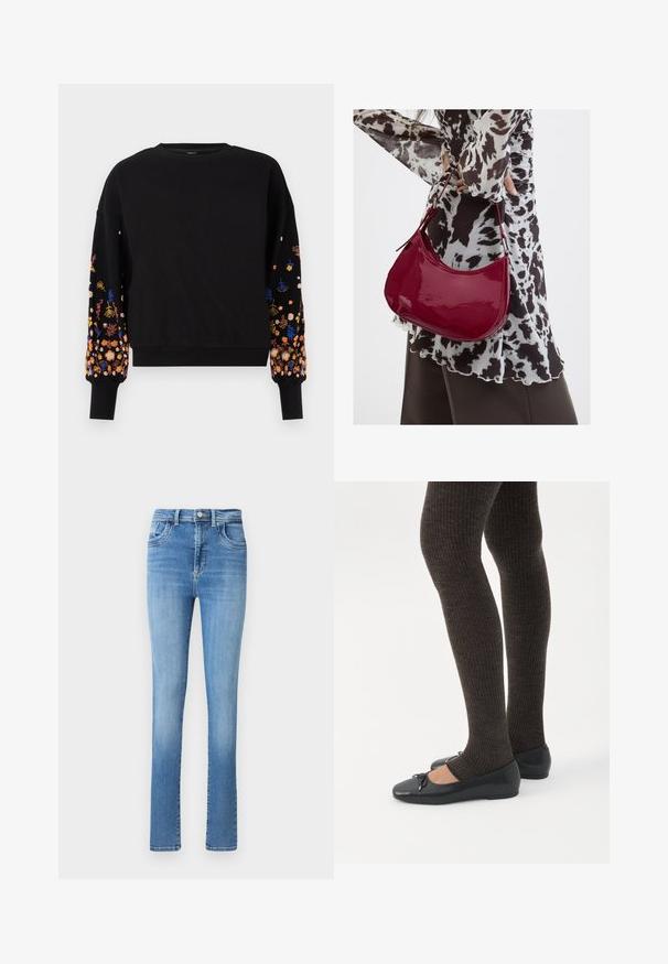 Sort sweatshirt med blomsterbroderi i levende farver på ærmerne, med rund halsudskæring og ribkantede manchetter.; Blege blå denimjeans med lige pasform, høj talje, fem lommer og subtile stikninger ved taljen og nederkanten.; Ben iført mørke ribbede leggings kombineret med sorte balletsko med små sløjfedetaljer på hvid baggrund.; Kvinde iført en sort- og hvidmønstret bluse, der holder en blank rød skuldertaske mod en ensfarvet baggrund.