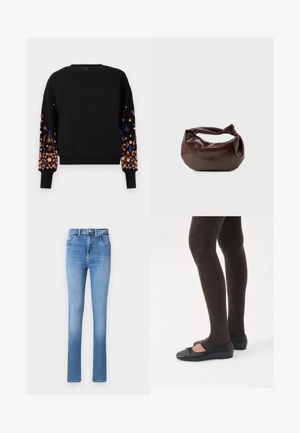 Zwarte sweatshirt met bloemenborduursels in levendige kleuren op de mouwen, voorzien van een ronde halslijn en geribbelde manchetten.; Vervaagde blauwe spijkerbroek met een rechte snit, hoge taille, vijf zakken en subtiele stiksels bij de tailleband en zoom.; Benen met donkere geribbelde leggings gecombineerd met zwarte ballerina's met kleine strikdetails op een witte achtergrond.; Donkerbruine leren schoudertas met een zachte, slungelige vorm en een gedraaide knoopvormige handgreep op een effen witte achtergrond.
