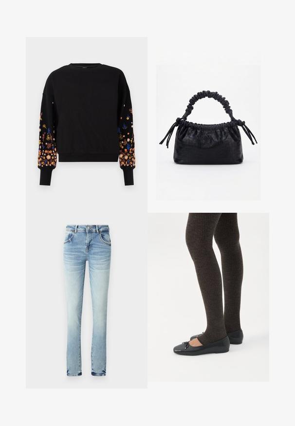 Sweatshirt noir avec broderie florale aux couleurs vives sur les manches, présentant un col rond et des poignets côtelés.; Jean en denim bleu clair avec un effet dégradé. Comprend cinq poches, une fermeture à bouton et à zipper, et une coupe droite. Aucune motif visible.; Jambes portant des leggings côtelés foncés associés à des ballerines noires avec de petits détails en nœud sur fond blanc.; Sac à main noir avec texture crocodile, bord supérieur froncé, poignée plissée et pompons à cordon de chaque côté sur fond blanc.