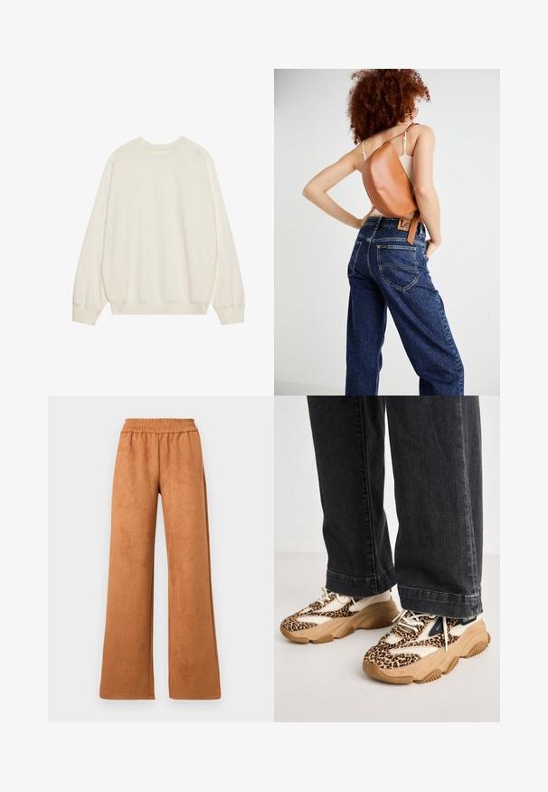 Lys beige sweatshirt lavet af blødt bomuldsblanding. Har lange ærmer, rund halsudskæring og ribbede manchetter og kant med en afslappet pasform.; Brune, bredde ben bukser lavet af blødt stof. Har en elastisk talje og en glat tekstur. Ingen lommer eller synlige lukninger.; Sneakers med leopardprint og mesh- og læderpaneler, tan-gummisål og kontrasterende sorte accenter. Båret med løstsiddende mørke jeans.; Brun læder rygsæk med et unikt buet design. Båret diagonalt, parret med højlivet blå denimjeans med gul syning.