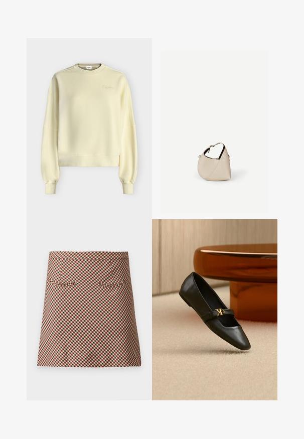 Langærmet sweatshirt i cremefarve med ribkanter ved ærmer, kant og et diskret broderet logo nær halsudskæringen på en ensfarvet baggrund.; Kort ternet nederdel med et skakmønster i rød, sort og creme. Den har en glat overflade og to forlommer.; Sort læder flad sko med spids tå og gyldent CK-logo på rem, placeret på beige tæppe nær et rundt ravbrunt bord.; Beige læder håndtaske i halvmåneform med en enkelt skulderrem og minimal syning, sat mod en ensartet hvid baggrund.