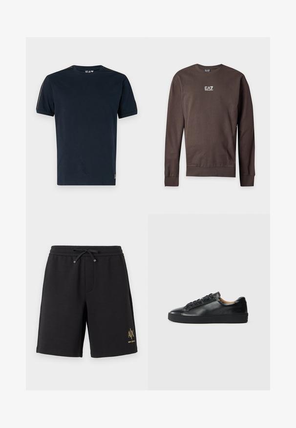 Braunes Sweatshirt mit langen Ärmeln und Rundhalsausschnitt mit weißem EA7 Emporio Armani-Logo, zentriert auf der Brust vor einfarbigem Hintergrund.; Marineblaue T-Shirt aus Baumwolle mit kurzen Ärmeln, runder Halslinie und strukturierten Akzenten an den Schultern. Logo auf der unteren linken Seite.; Schwarze knieumspielende Shorts mit Kordelzugbund und kleinem gelben "A|X Armani Exchange" Logo am unteren linken Bein.; Schwarze Leder-Sneaker mit glatter Textur, runder Zehenpartie und Schnürverschluss. Verfügt über eine dicke Gummisohle und minimalistische Marken-Details.