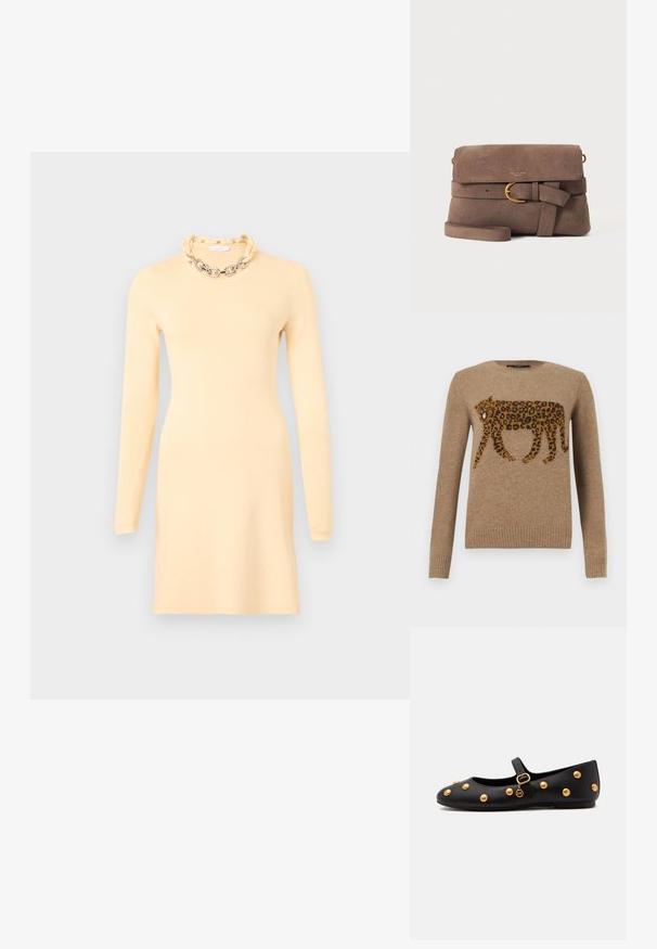 Camelkleurige gebreide trui met een gedetailleerd patroon van een lopende luipaard over de borst, geribde manchetten en zoom, ronde hals.; Rabanne Etui-jurk - cream; Zwarte Mary Jane platte schoen met gouden ronde studs, een gouden gespbandje en een klein gouden bedeltje dat aan het bandje hangt.; Bruine suède crossbodytas met voorflap, decoratieve band met gouden gesp en dunne schouderriem op een witte achtergrond.