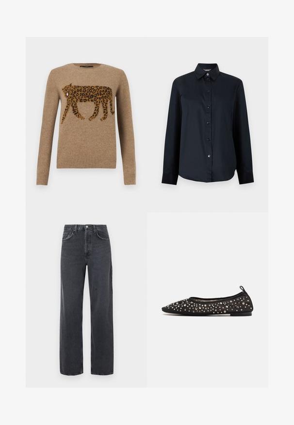 Pull en maille couleur chameau avec un motif détaillé de léopard en marche sur la poitrine, poignets et ourlet côtelés, encolure ronde.; Chemise noire à manches longues avec boutons, col pointu et ourlet légèrement arrondi, présentée sur un fond gris clair uni.; Jean en denim noir coupe large avec finition délavée, doté de deux poches avant et d'une fermeture à bouton à la taille. Design classique à cinq poches.; Chaussure plate noire avec un design à bout pointu, embellie de divers strass métalliques, tige en tissu doux et semelle basse noire.